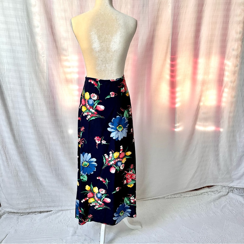 Vintage Blue Midi Skirt Bright Floral Bouquets Jones & Co Made in USA Fits Sz 10